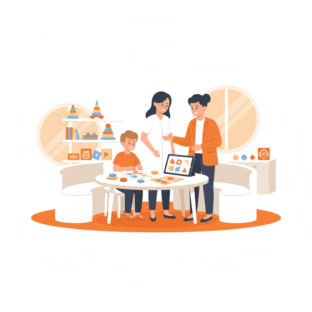 Illustration of a coach and a parent guiding a young boy through shape and pattern activities at a table
