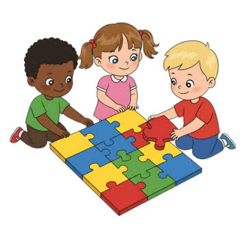 Three children fitting together a large colourful jigsaw puzzle