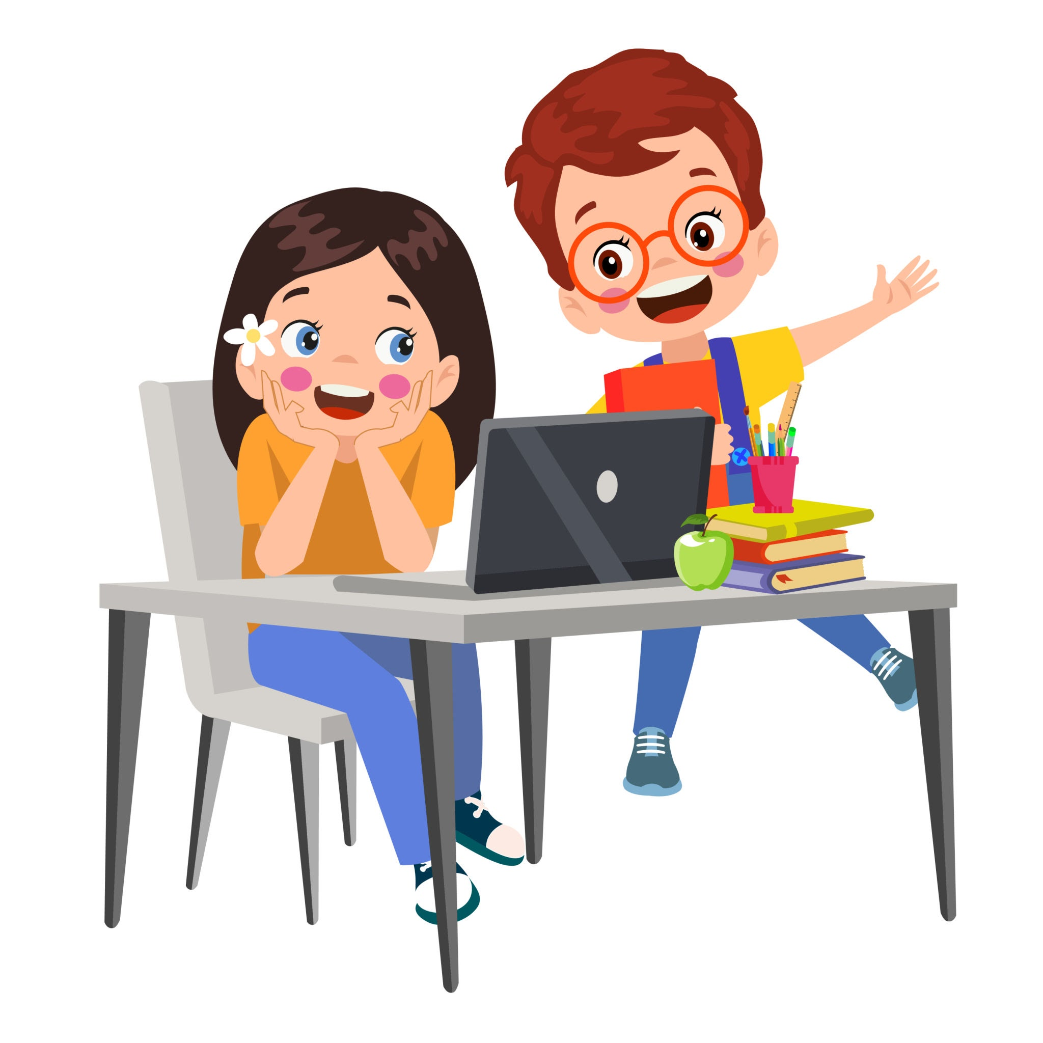 Illustration of two children at a desk with a laptop