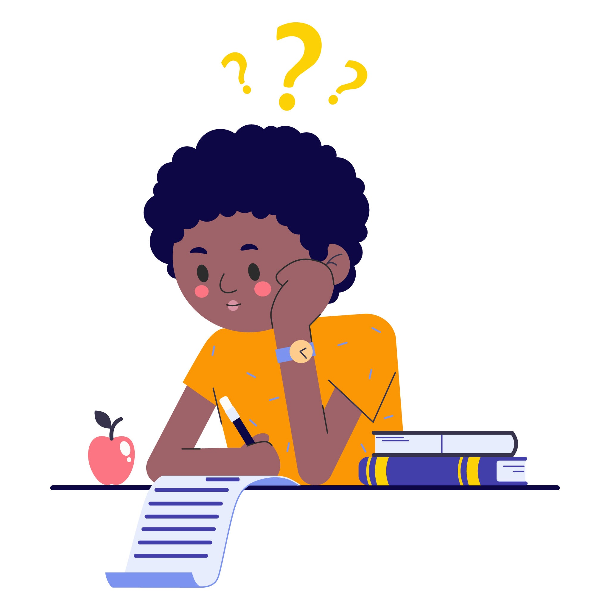 Illustration of a boy at a desk with books and question marks above his head